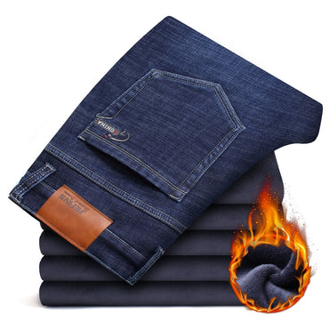 Warm Fleece Men's Jeans Thick Stretch Denim Jean Straight Trousers