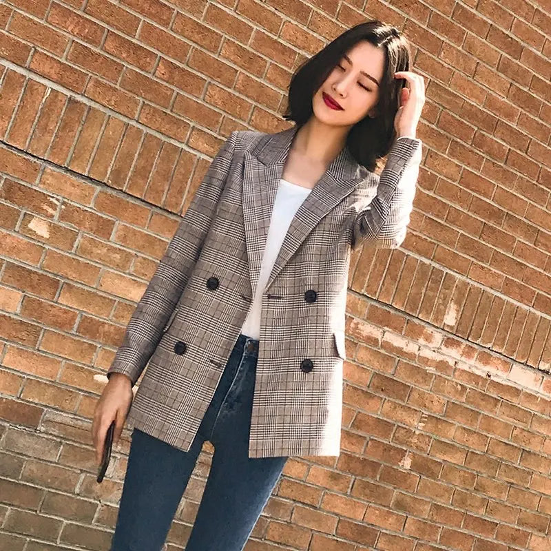 Vintage Notched Breasted Plaid Women Blazer