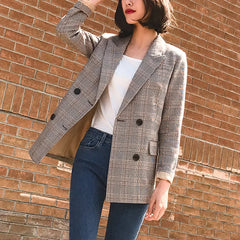 Vintage Notched Breasted Plaid Women Blazer