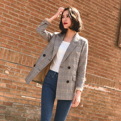 Vintage Notched Breasted Plaid Women Blazer