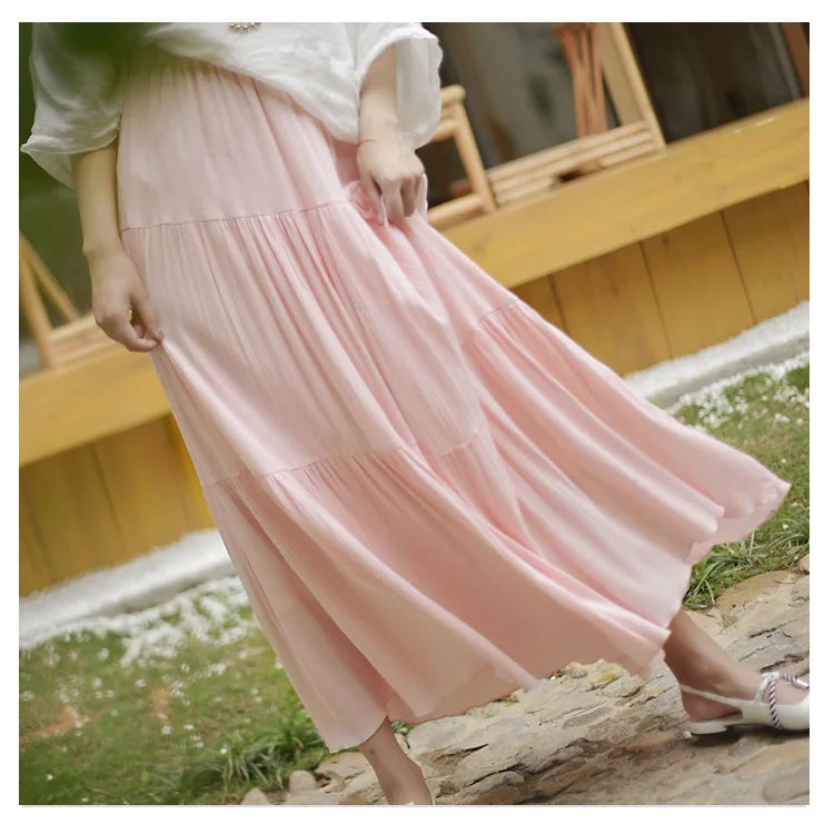 Long Skirt Cotton Linen Pink High Waist Boho Maxi Skirts