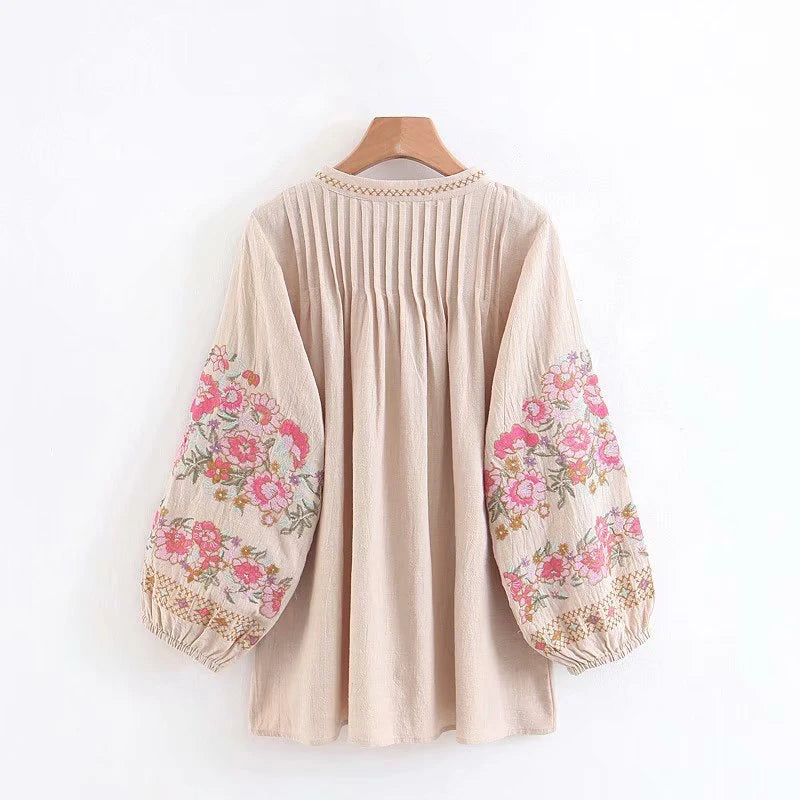 Vintage Chic Bohemian Tassel Floral Embroidery Linen Boho Shirts