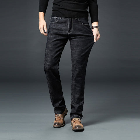 Warm Fleece Men's Jeans Thick Stretch Denim Jean Straight Trousers