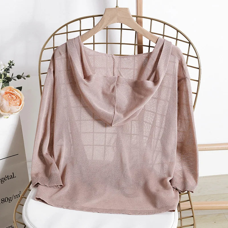 Hooded Thin Sweater Cardigan Lace Up V-neck Short Design