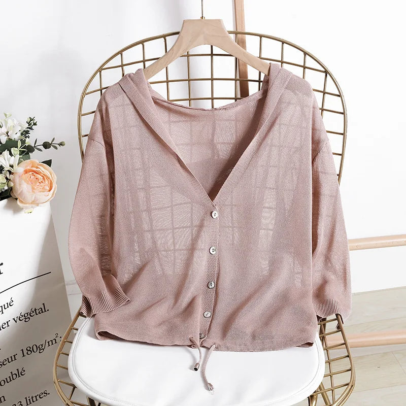 Hooded Thin Sweater Cardigan Lace Up V-neck Short Design