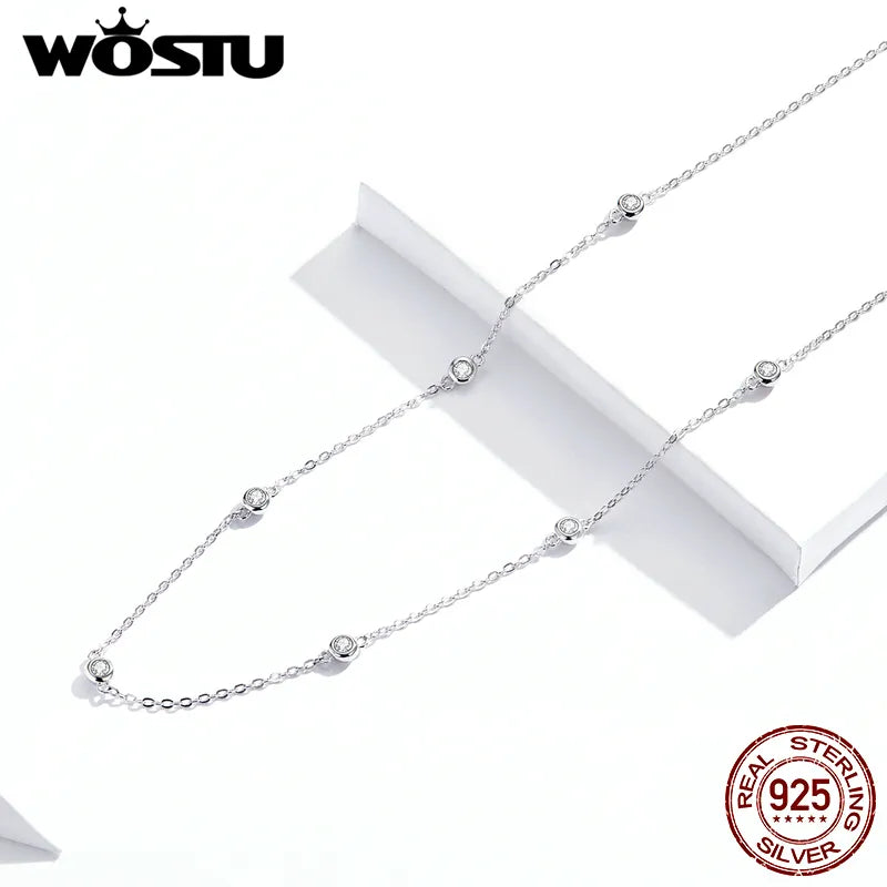 Silver Bright Zircon Simple Necklace Long Chain Link  Jewelry Gift