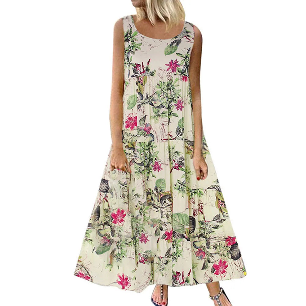 Bohemian Maxi Dress Casual Vintage Sleeveless O Neck Floral Print