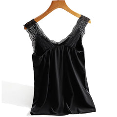 Lace Strap V Neck Sleeveless Satin Mesh Silk Tank Tops