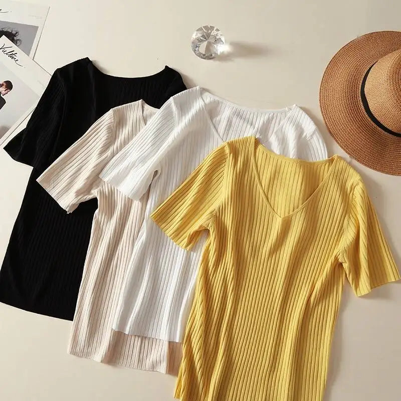 Knitted short sleeve Women V-Neck T Shirts