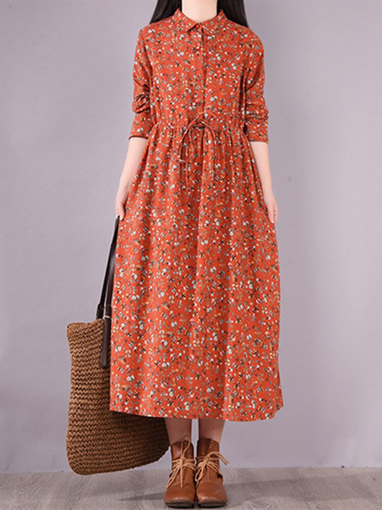 Long Sleeve Dress Print Floral Draw String Slim Vintage Office