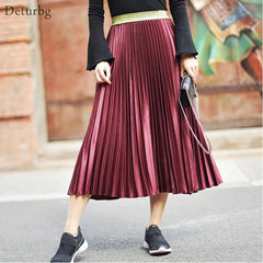 Women's Fashion Solid Color Midi Skirt Ladies Elastic High Waist