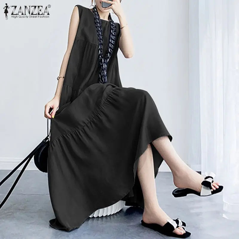 Women Summer Elegant Maxi Long Dress Casual O Neck Sleeveless