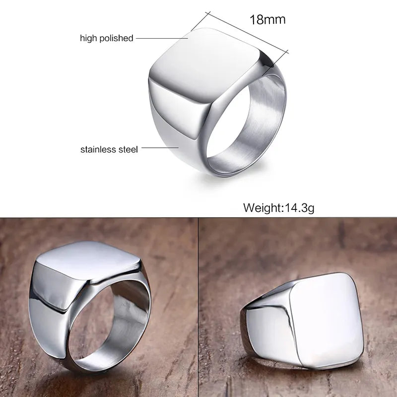 Retro Initials Signet Ring for Men 18mm Stamp Stainless Steel Jewelry