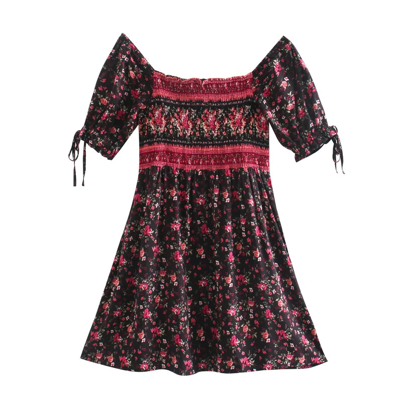 Floral Print Bohemian Mini Dress Ladies Short Sleeve Square Collar