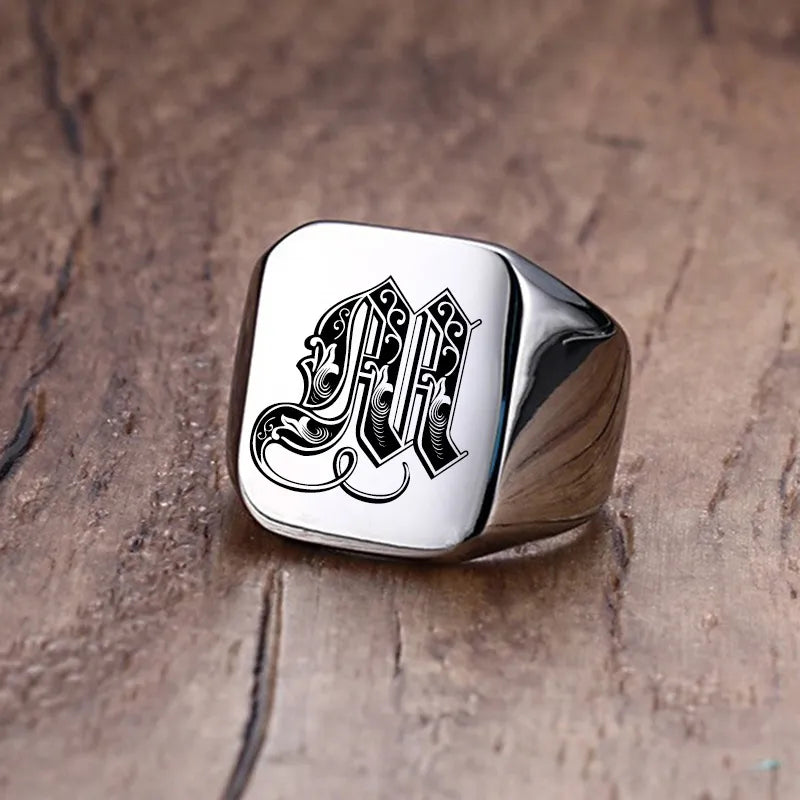 Retro Initials Signet Ring for Men 18mm Stamp Stainless Steel Jewelry