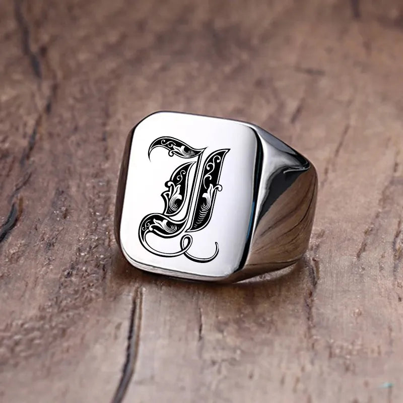 Retro Initials Signet Ring for Men 18mm Stamp Stainless Steel Jewelry