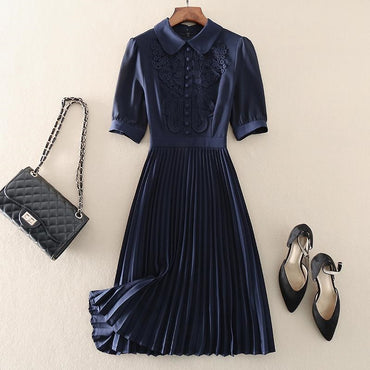 Vintage Embroidered Pleated Dress Women Chic