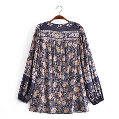 Floral Print V-neck Tassel Long Sleeve Bohemian Blouse Shirt