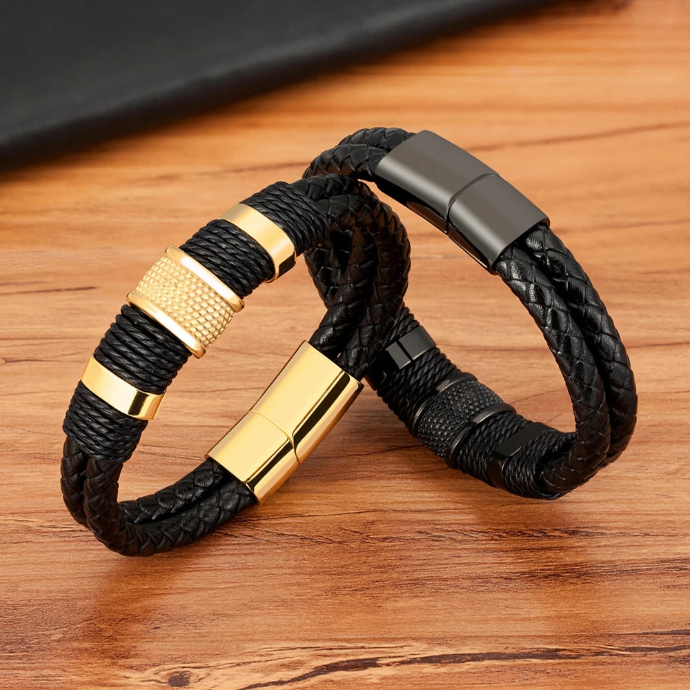 Leather Rope Wrap Special Style Classic Stainless Steel Men's Bracelet