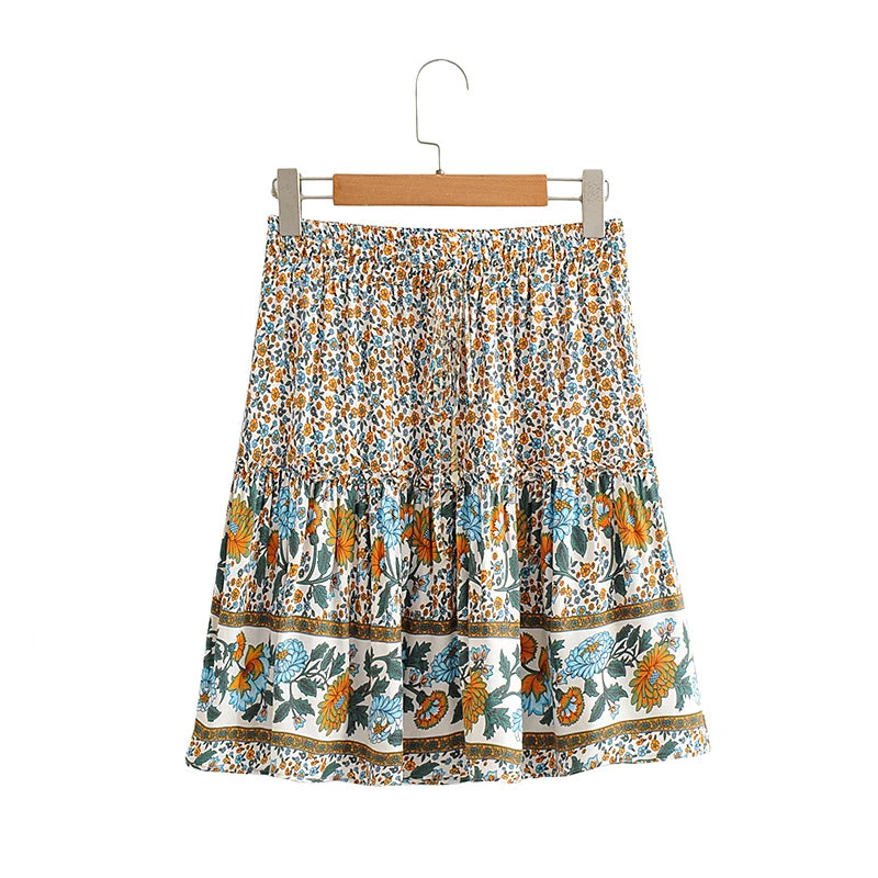 Fashion Floral Print Strap Sleeveless Tops Bohemian Mini Skirts