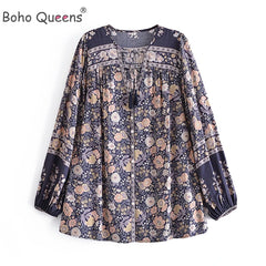 Floral Print V-neck Tassel Long Sleeve Bohemian Blouse Shirt