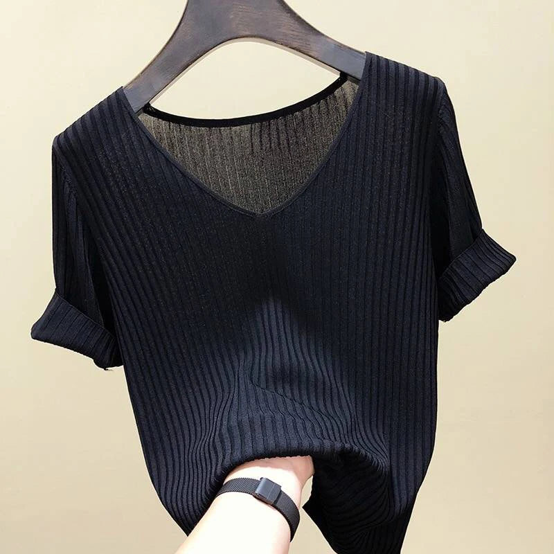 Knitted short sleeve Women V-Neck T Shirts