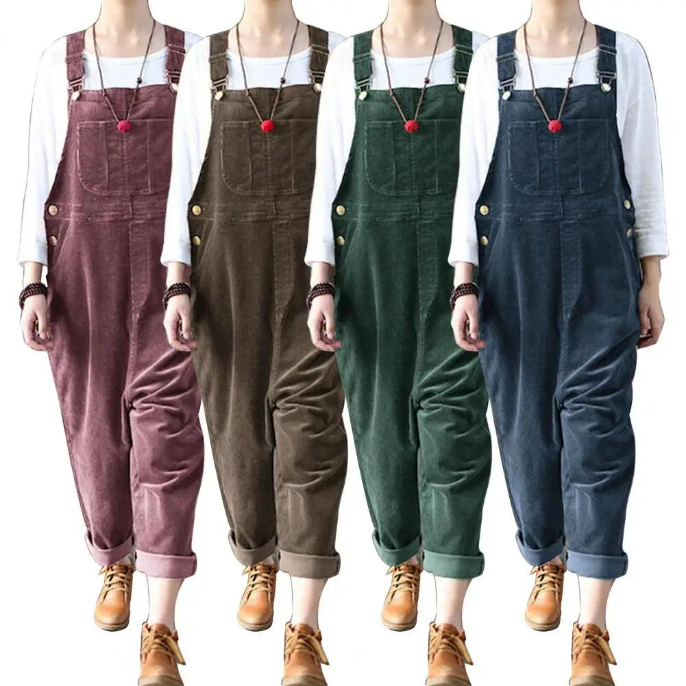 Corduroy Women Wide Leg Overalls Solid Color Wide Leg Jumpsuit