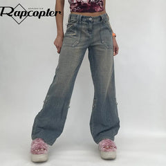 Retro Baggy Jeans Bandage Pockets Denim Trousers High Waisted