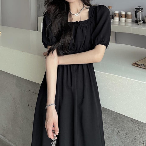 Black Vintage Midi Dress Elegant Women Dresses Square Collar