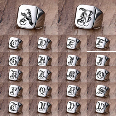 Retro Initials Signet Ring for Men 18mm Stamp Stainless Steel Jewelry