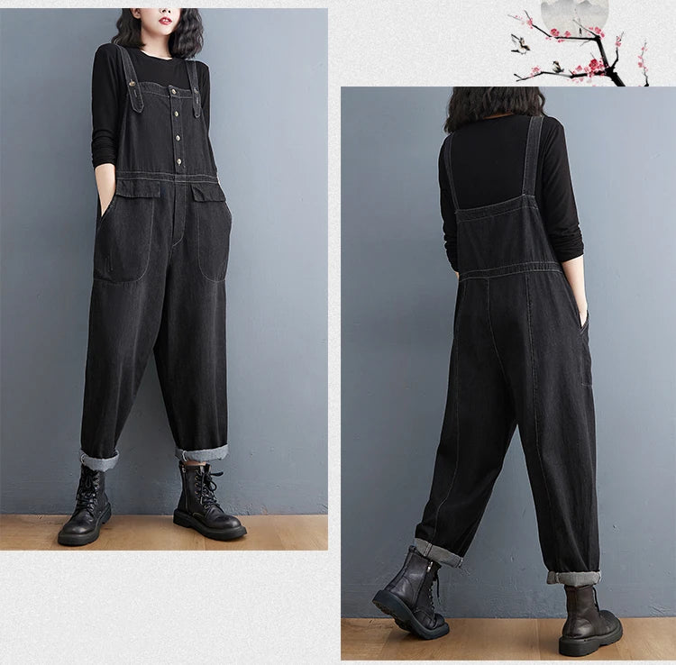 Casual Streetwear Black Denim Jumpsuit Loose Wide Leg Plus Size