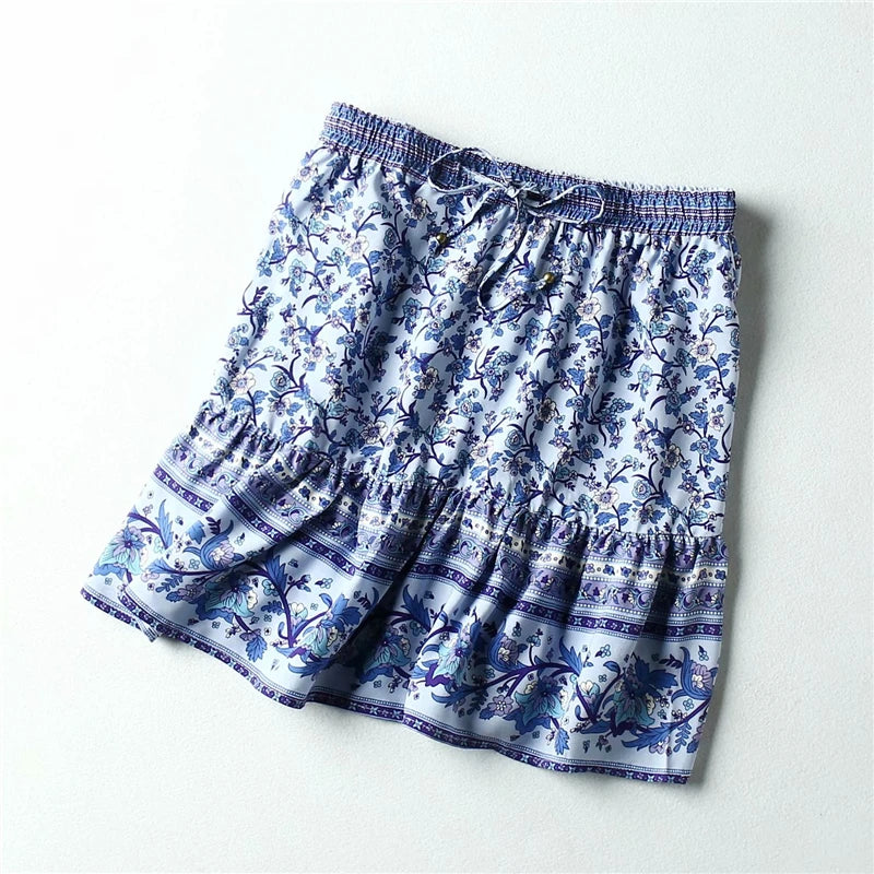 Floral Printed Beach Bohemian  Rayon Elastic Waist Mini Boho Skirts