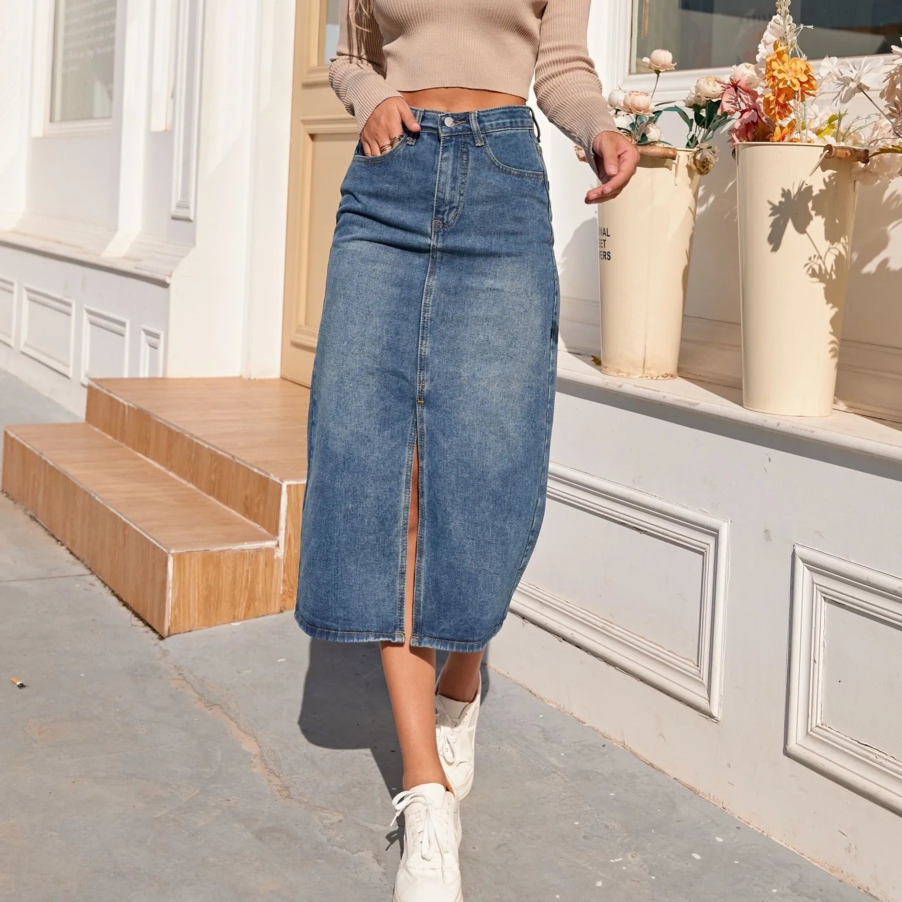 High Waist Straight Denim Vintage Split Pencil Jean Skirt