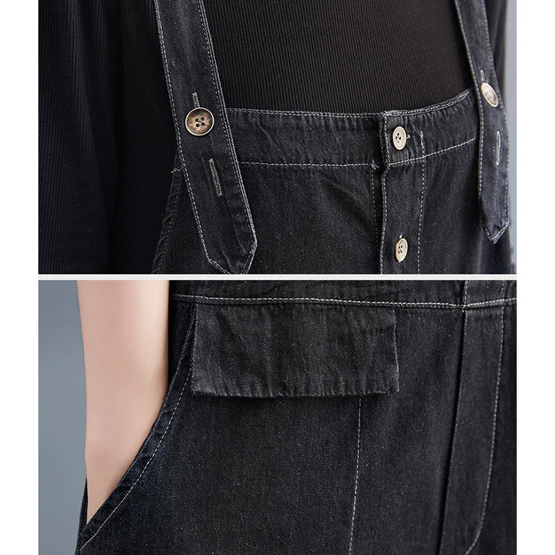 Casual Streetwear Black Denim Jumpsuit Loose Wide Leg Plus Size