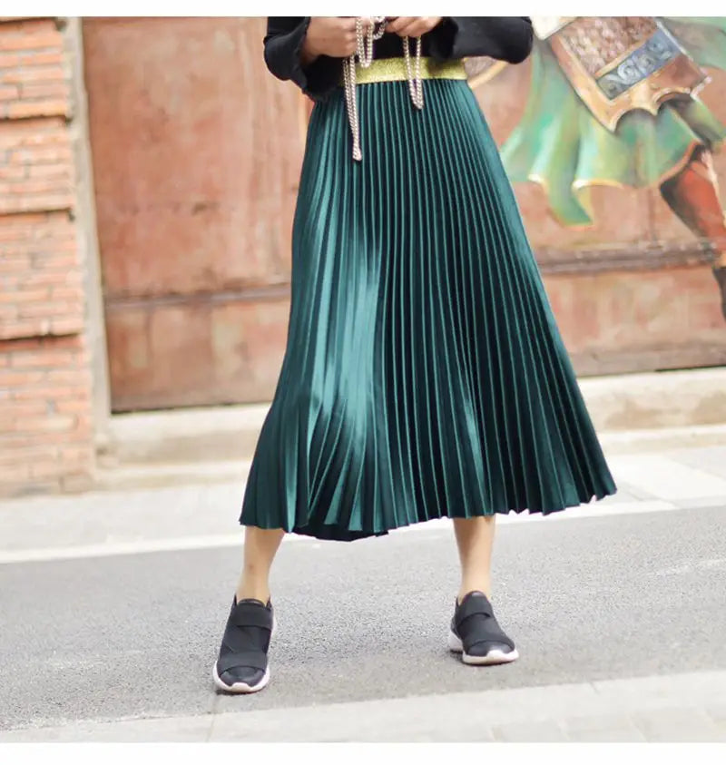 Women's Fashion Solid Color Midi Skirt Ladies Elastic High Waist