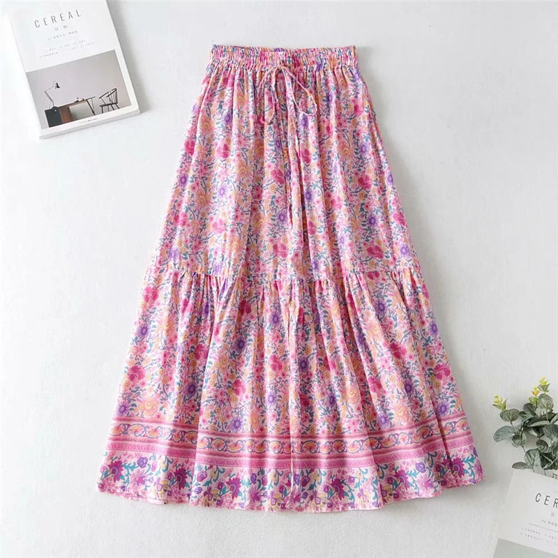 Fashion Beach Bohemian Pink Floral Print Skirt High Elastic Waist