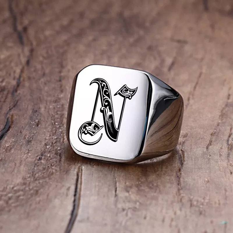 Retro Initials Signet Ring for Men 18mm Stamp Stainless Steel Jewelry