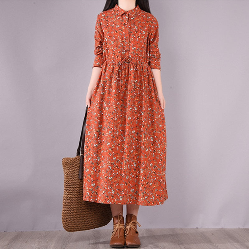 Long Sleeve Dress Print Floral Draw String Slim Vintage Office