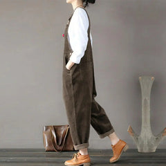 Corduroy Women Wide Leg Overalls Solid Color Wide Leg Jumpsuit