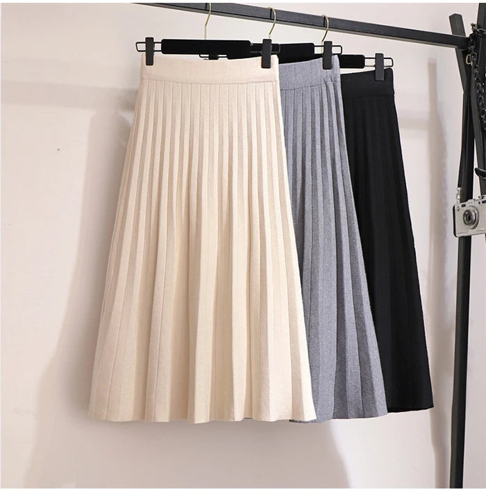 Elegant Midi Pleated Knitted Knee Length a line High Waist Skirt