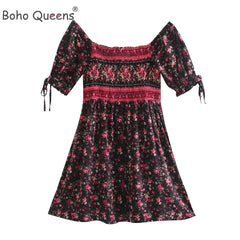 Floral Print Bohemian Mini Dress Ladies Short Sleeve Square Collar