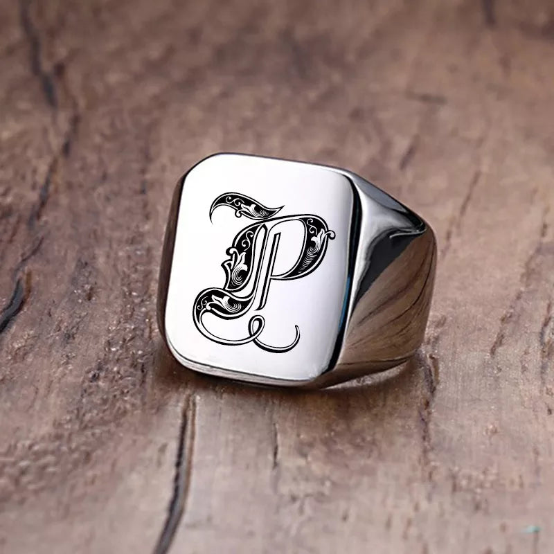 Retro Initials Signet Ring for Men 18mm Stamp Stainless Steel Jewelry