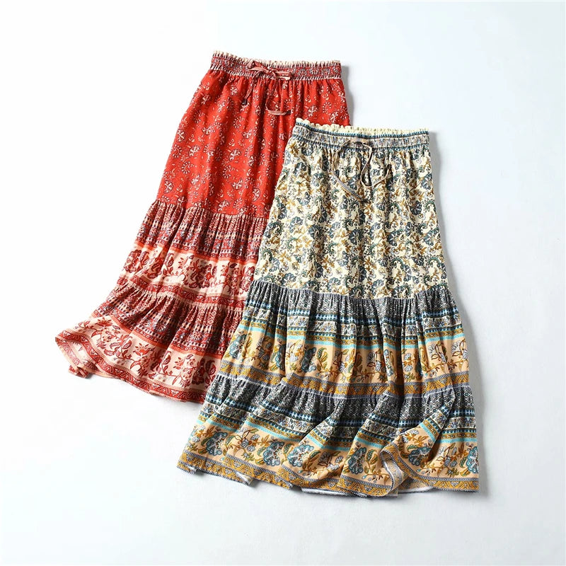 Vintage Chic Floral Peacock Printed High Waist Bohemian Skirts