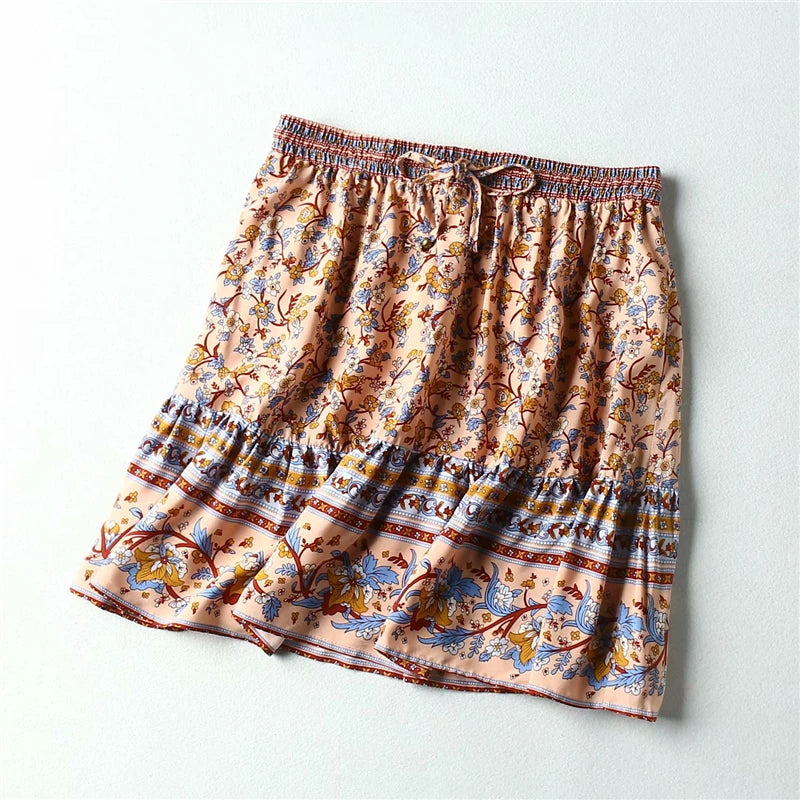 Floral Printed Beach Bohemian  Rayon Elastic Waist Mini Boho Skirts