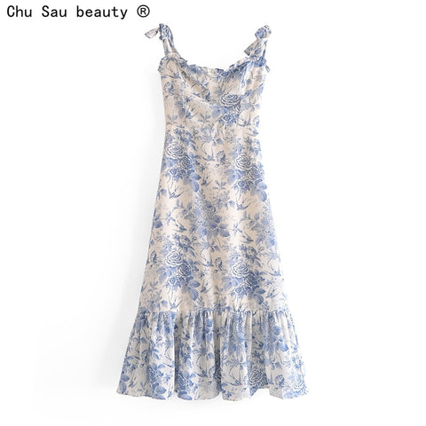 Lace Up Bowknot Strap High Waist French Vintage Printed Ruffle Dress