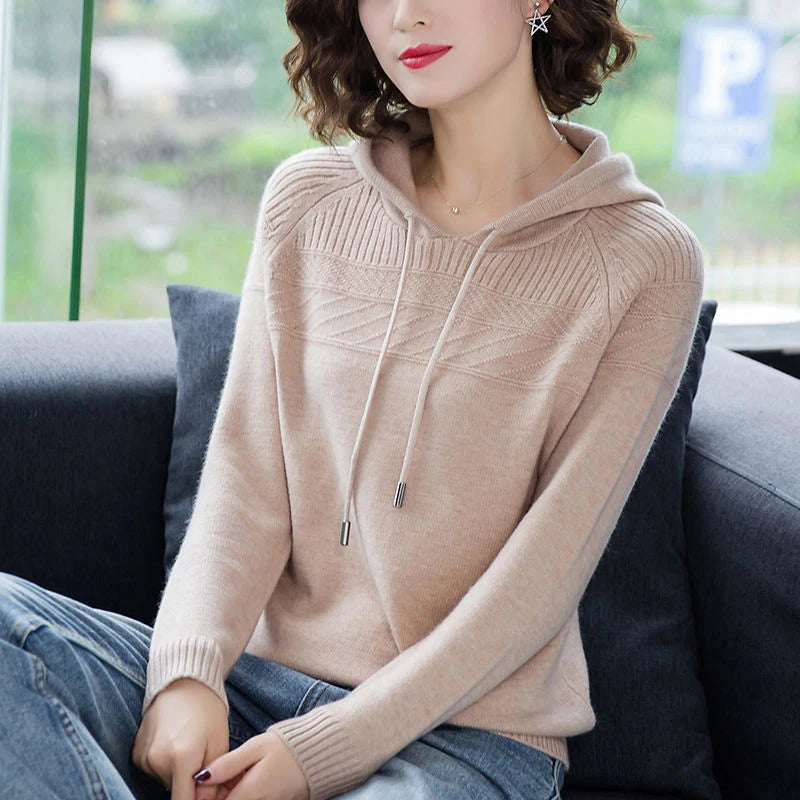 Slim Knitted Hooded Sweaters For Women Classic Pullover Oversized