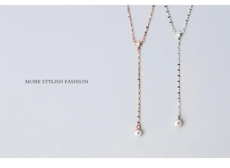 Shiny Zircon Y-Shape Elegant Pearl Pendant Necklace