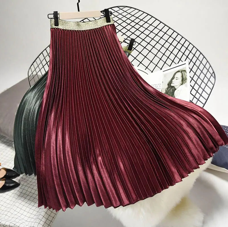 Women's Fashion Solid Color Midi Skirt Ladies Elastic High Waist