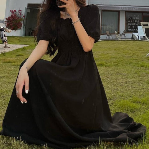 Black Vintage Midi Dress Elegant Women Dresses Square Collar