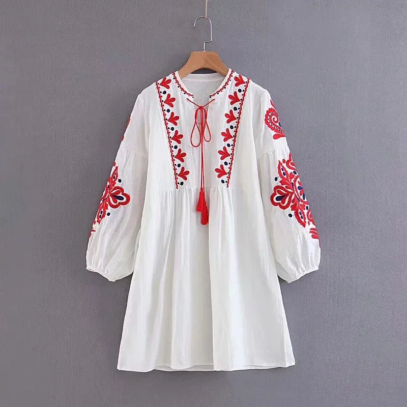 Bow Tie Ethnic Lantern Sleeve Embroidered Floral Cute Dresses